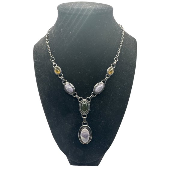 Black Metal Y Style Lariat Necklace Multi stone Gray Green and Gold Stones - Picture 1 of 5